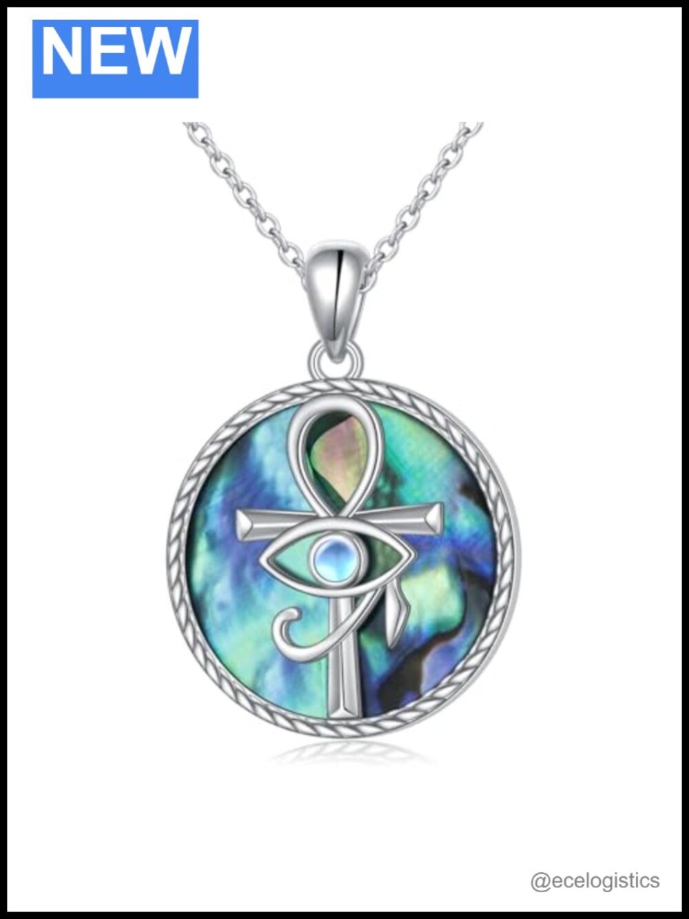 925 Sterling Silver Ankh Eye of Horus Pendant Necklace Abalone Protection